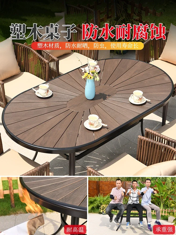 Table and chair combination outdoor garden courtyard villa plastic wood leisure back chair terrace balcony rattan chair