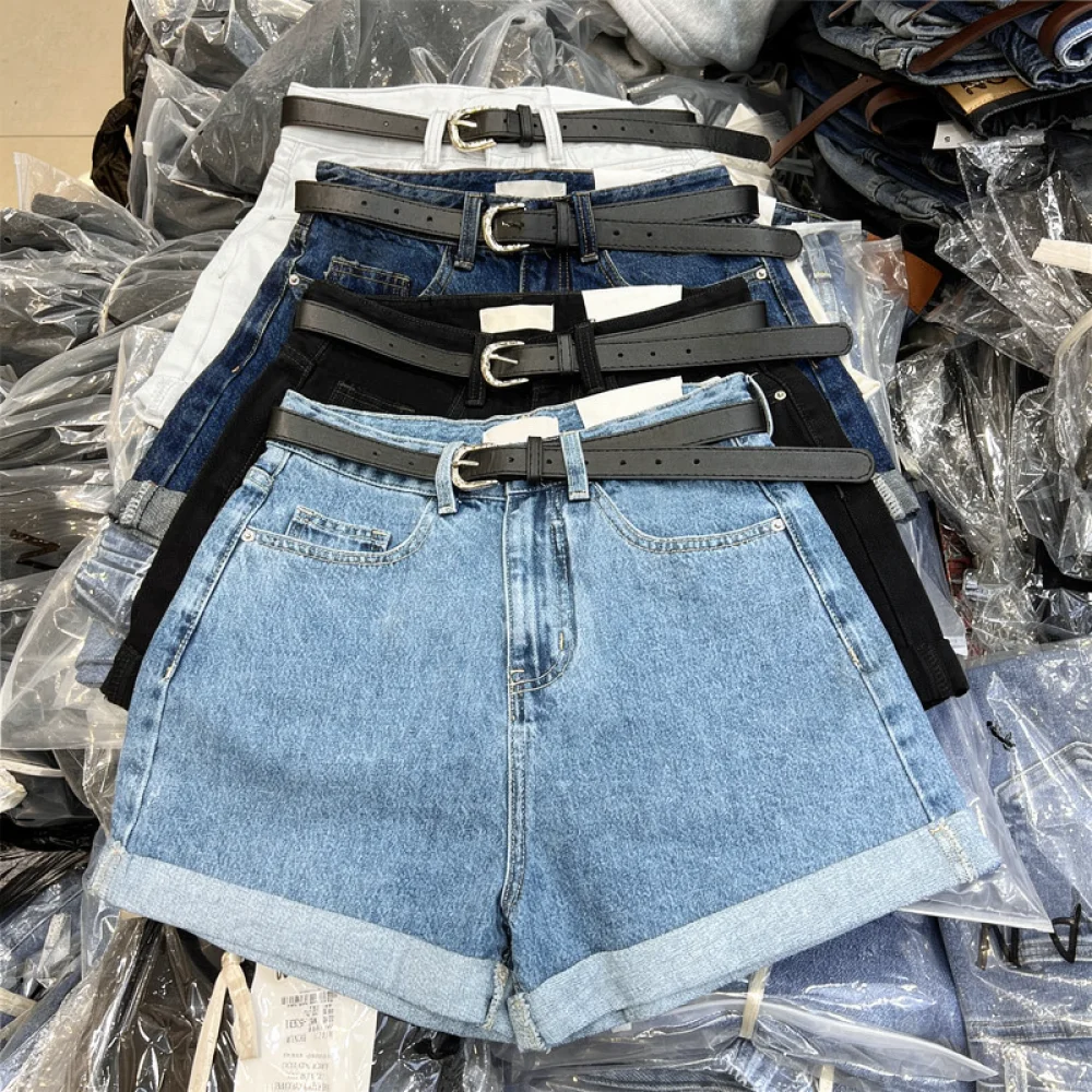 Summer Womens Denim Shorts High Waist Casual Loose Fit Jeans Rolled Hem Wide Leg Breathable Soft Cotton Comfortable Bottoms
