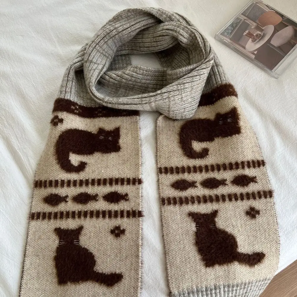 

Милый крутой вязаный шарф с мультяшным котом, пушистый, защита от холода, шейный платок для езды на велосипеде, жаккардовый повседневный зимний шерстяной шарф