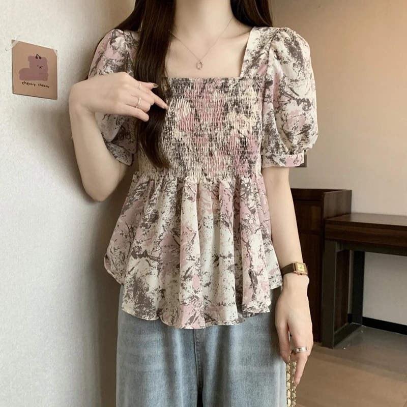 

Sweet Square Collar Printed Shirring Puff Sleeve Blouses Female Clothing 2024 Summer Loose Casual Tops Korean Chiffon Shirts