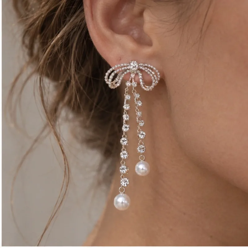 Bow Faux Pearl Tassel Earrings, Elegant Rhinestone Long Dangle Ear Jewelry, Luxury Bridal Wedding Party Statement Earrings