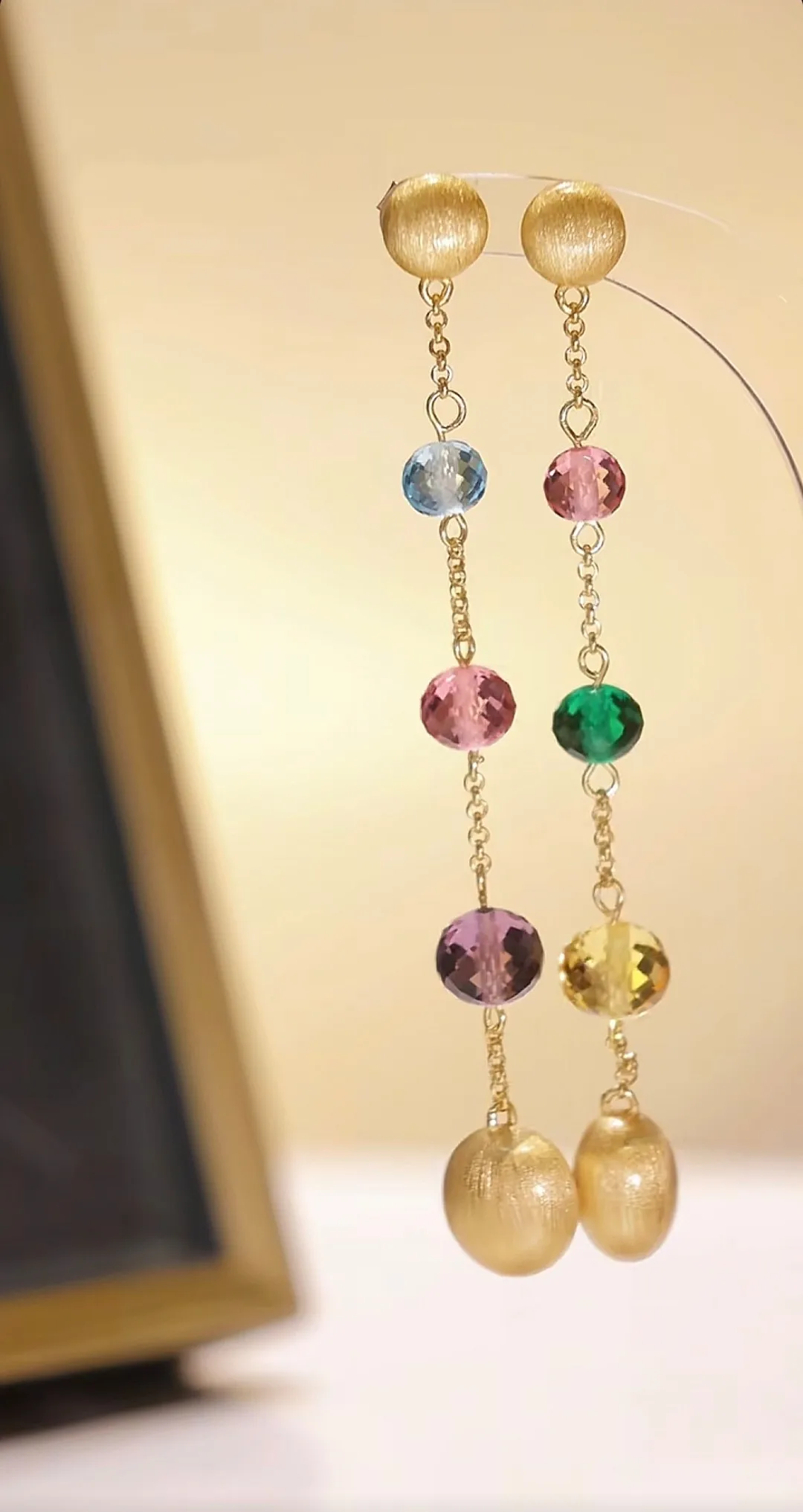 Bellux 925 Silver Synthetic Zircon Multicolored Beads Candy Drawing Process Unique Design Fashion Long Earrings