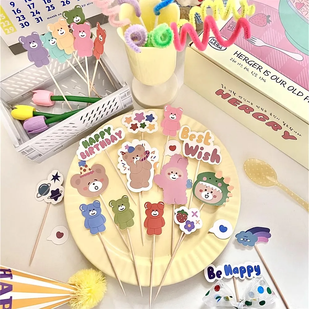 48pcs/lot Little Girls Boys Dinosaur Jelly Bear Theme Cake Decoration Cake Card Topper Happy Party Material Pack Self Assembly