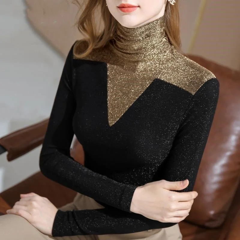 Autumn winter sequin glossy gold turtleneck long sleeve jumpers Splicing warm slim plus size women tops pullovers