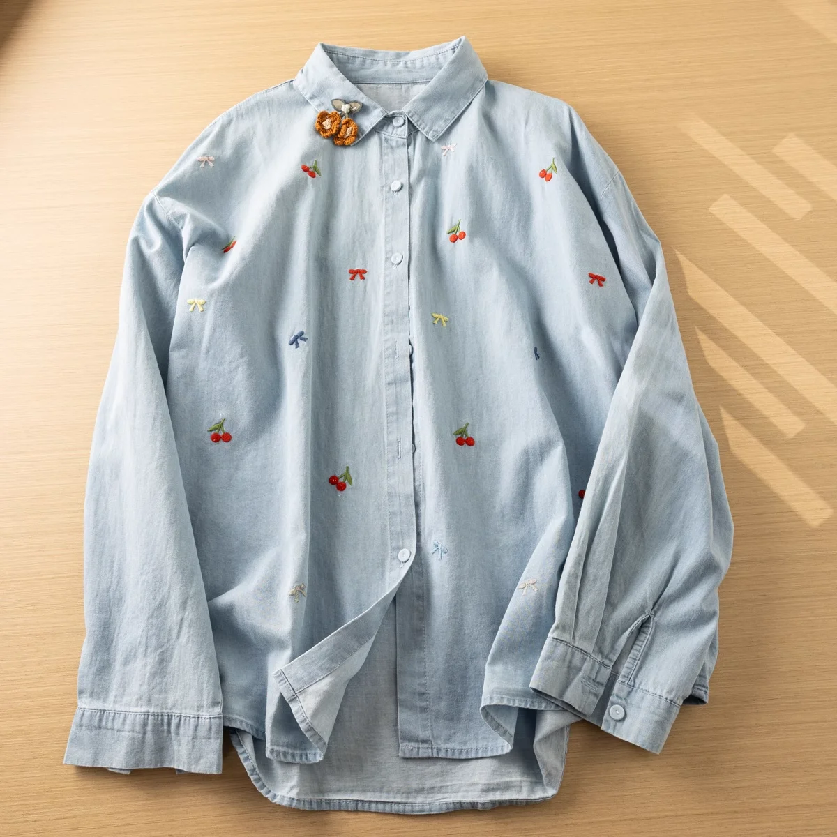 Mori kei fashion embroider blue denim shirts and blouses for women autumn long sleeve tops sweet vintage jean shirts mori girl