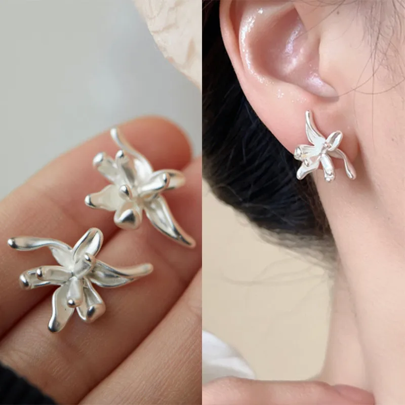 New 925 Silver Neddle Flowers Stud Earrings for Women Vintage Elegant Irregular Metal Earring Wedding Party Fashion Jewelry