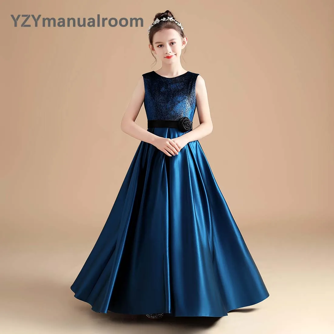 Satin Girls Dress For Birthday Formal Party Sleeveless Junior Concert Banquet Princess Gown Party Dress For Kids Birthday