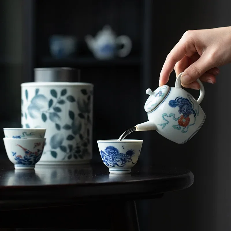 Retro Blue and White Teapot Ball Hole Filter Household Ceramic Kung Fu Brewing Teapot Longevity Peach Lion Hydrangea Master Cup