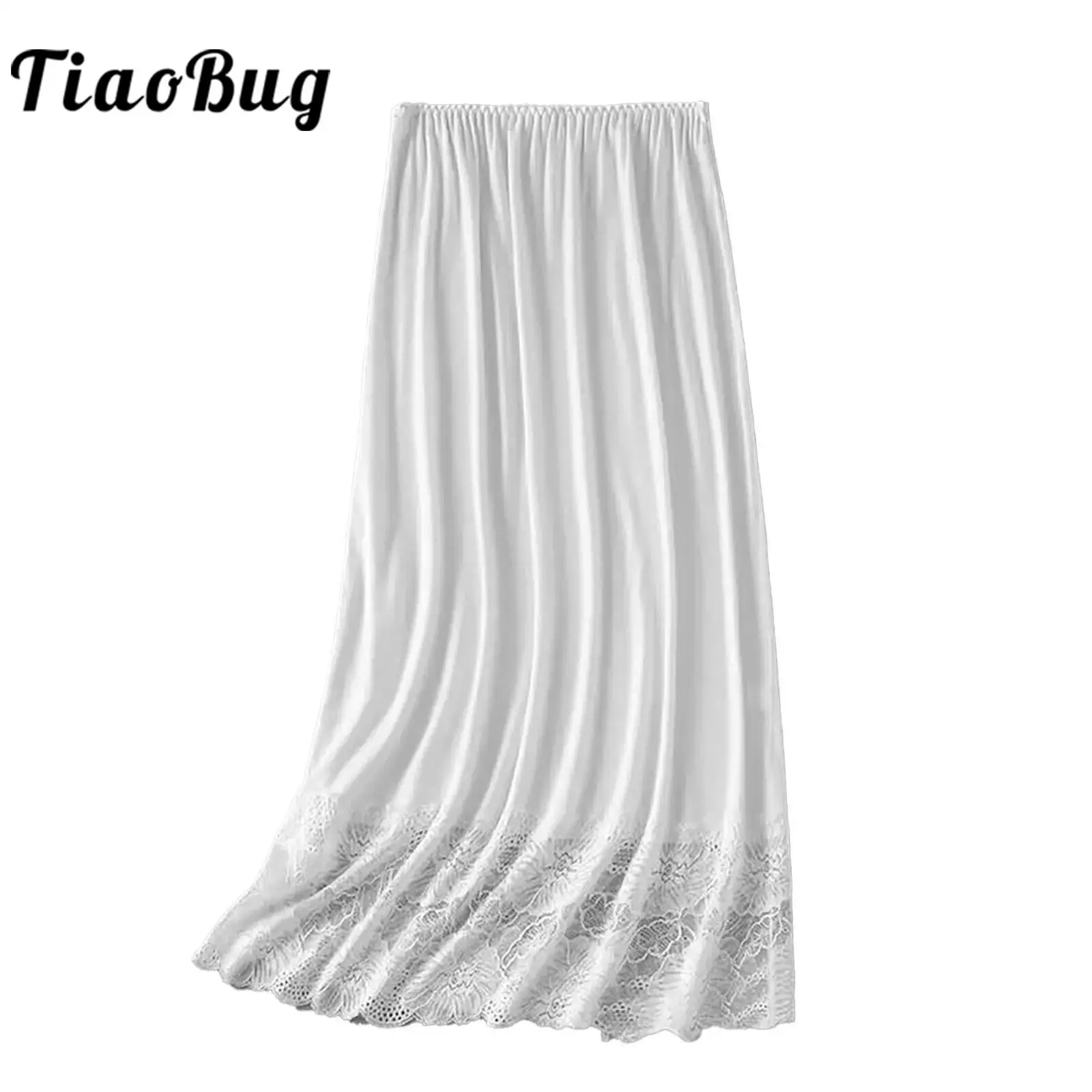 Womens Anti-static 72cm Underskirt Half Slip Elastic Waist Lace Trim A-Line Petticoat Solid Color Underskirt for Dress Accessory