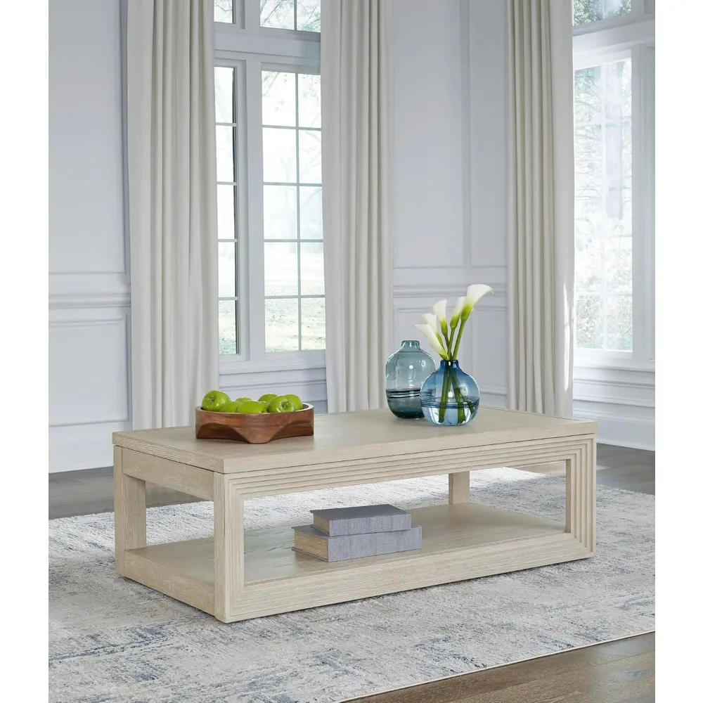 Modern Lift-Top Coffee Table with Casters, ThickTop and Lower Shelf, Beige