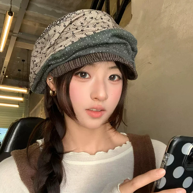 Vintage Mori Literary Style Spliced Floral Berets for Women Spring Autumn Tarvel Leisure Versatile Show Face Small Newsboy Hats