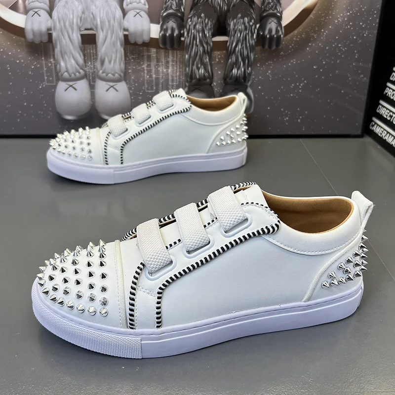 men's casual stage nightclub dress studded shoes black white flats rivets shoe original leather spikes sneakers stylish footwear