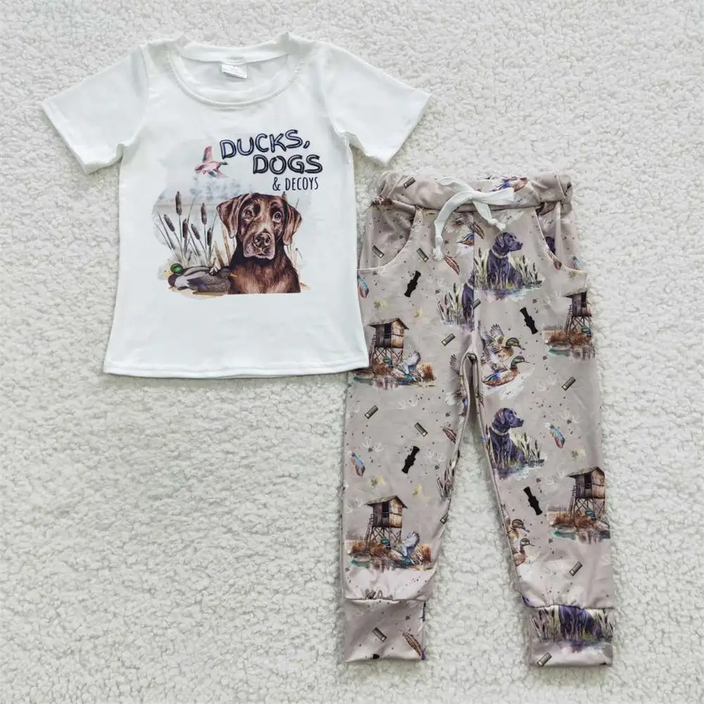 

Wholesale Infant Baby Boy Outfit Kids Short Sleeves Ducks Dogs T-shirts Toddler Children Pocket Pants Spring Fall Sports Set