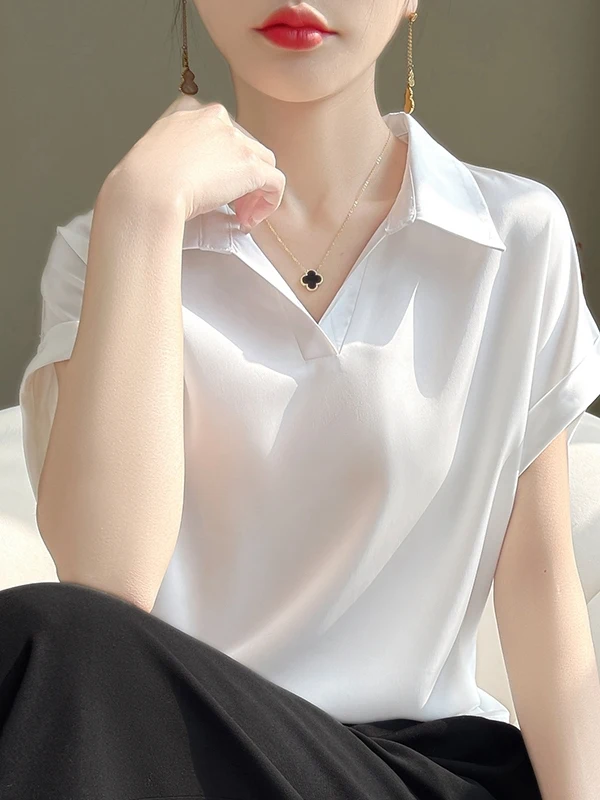 Elegant  Collar Loose Women's T-Shirt Half Sleeve Baby Doll Collar Summer New Style  Color Base Top Commute Style