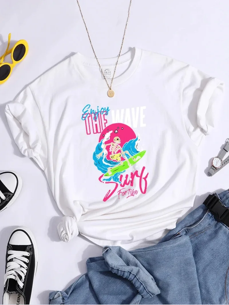 Women Round Neck Simplicity T Shirt Vintage Summer Tee Shirts Outdoor Quality Tops Skeleton Enjoy The Wave Surf For Life Tshirt