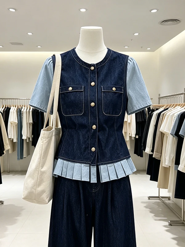 

Salt System Large Size Denim Short Sleeve Wide Leg Pants Set off Shoulder Floral Print Halter Neck Dress Women's Fashion