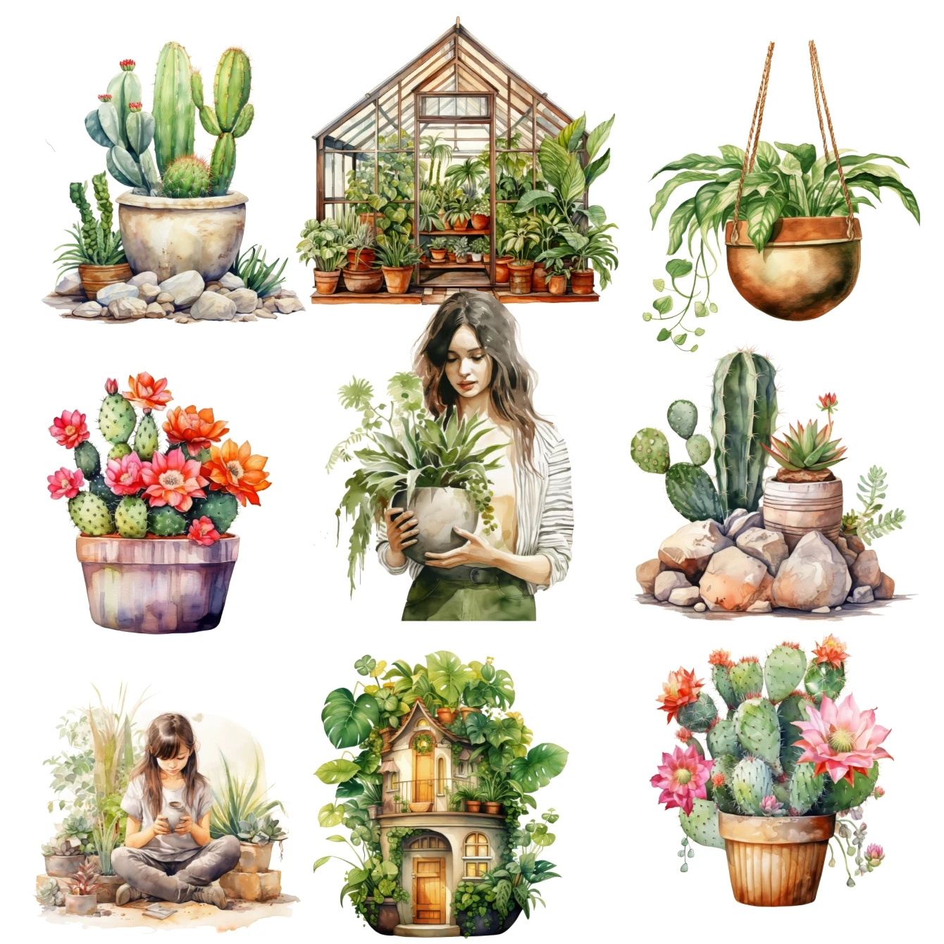 17pcs Cute Watercolor indoor plant girl Stickers for Laptop Guitar Skateboard Luggage Car Waterproof  Stationery scrapbooking