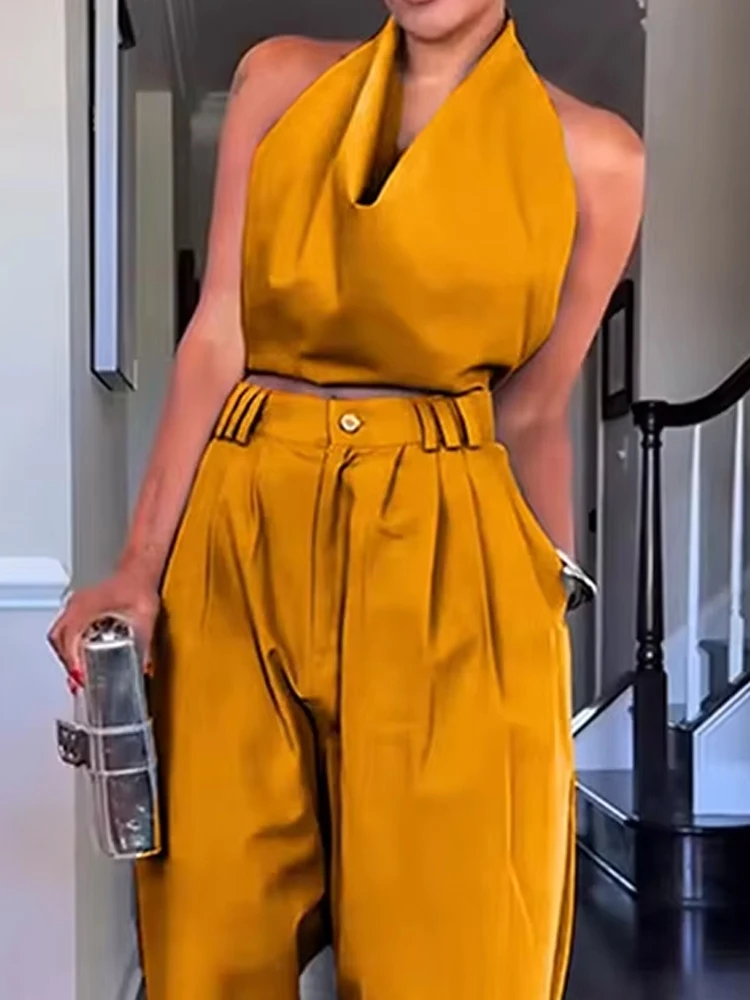 

2025 Women Draped Elegant 2Pc Set Sexy Halter Tops and Wide Leg Pant Outfits Casual Sleeveless Pocket Commuter Loose Solid Suit