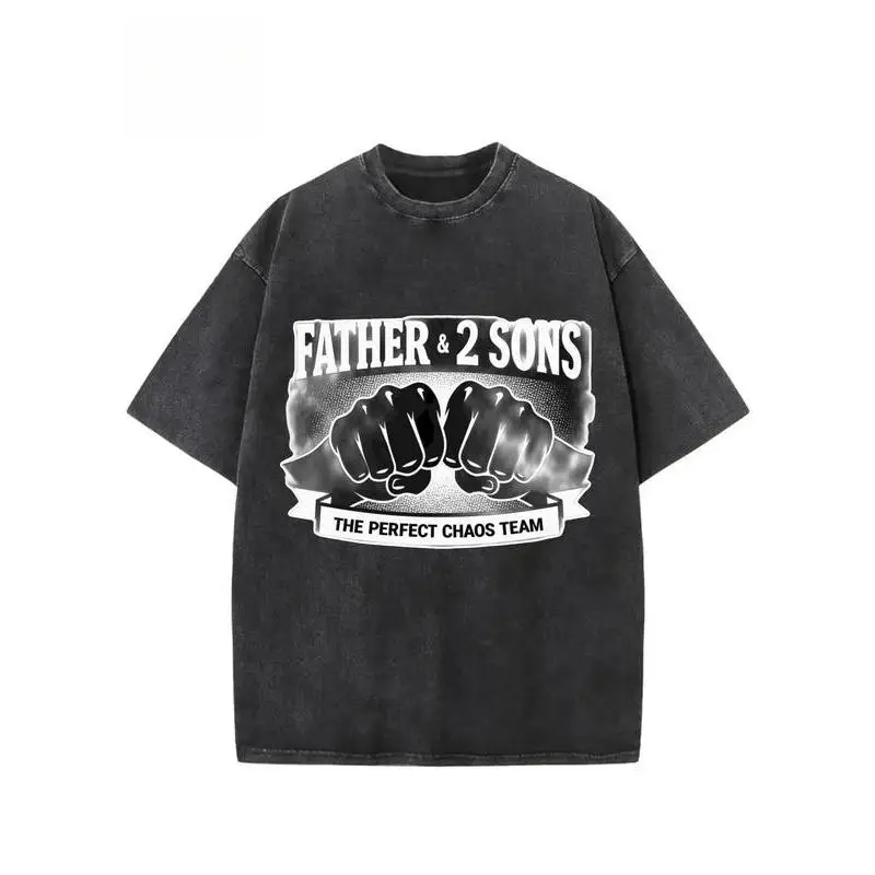 

Father & 2 Sons T-shirt, Funny Father's Day Gift Tee, The Perfect Chaos Team Washed Oversized Tops, Men's Dad Life Graphic