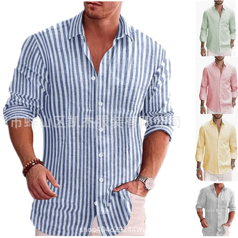 

2024 Men's Autumn Long-Sleeved Shirt Youth Fashion Casual Lapel Striped Shirt