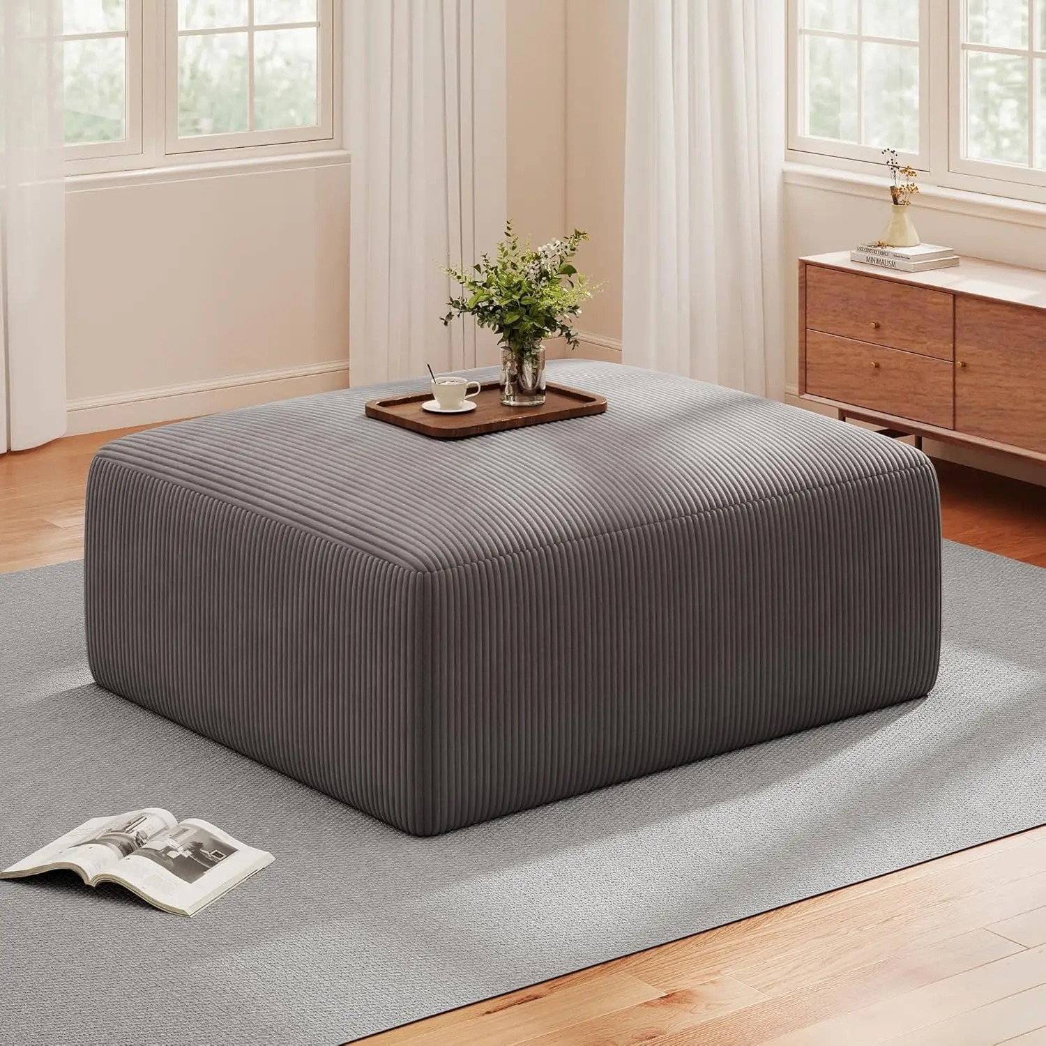 40 Inch Oversized Square Corduroy Ottoman Pouf - Poofy Soft Ottoman Foot Rest with Foam Chunk Filling, Movable, Customized