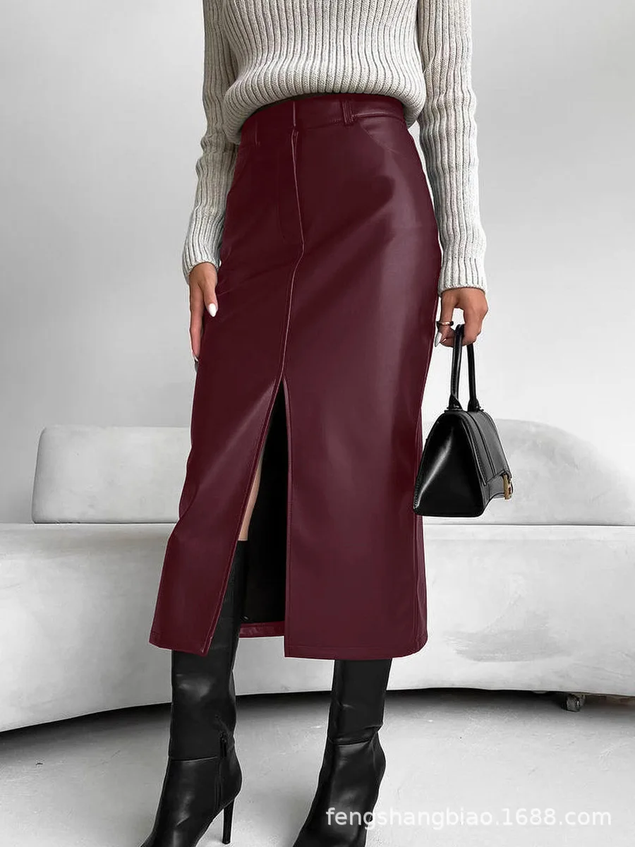 Women Faux Leather Midi Skirt High Waist Front Slit Pockets Straight Cut Warm Lined Skirt Commuter Office Wear for Autumn