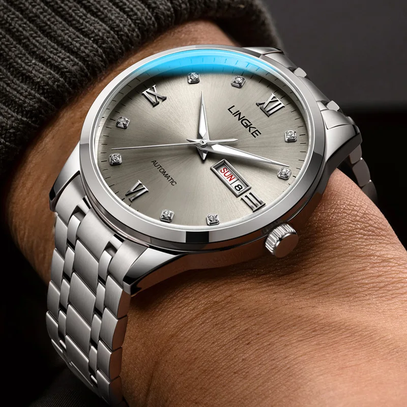 LINGKE Orologio da uomo meccanico originale di nuova moda Orologio da uomo automatico da lavoro con calendario luminoso impermeabile in acciaio inossidabile
