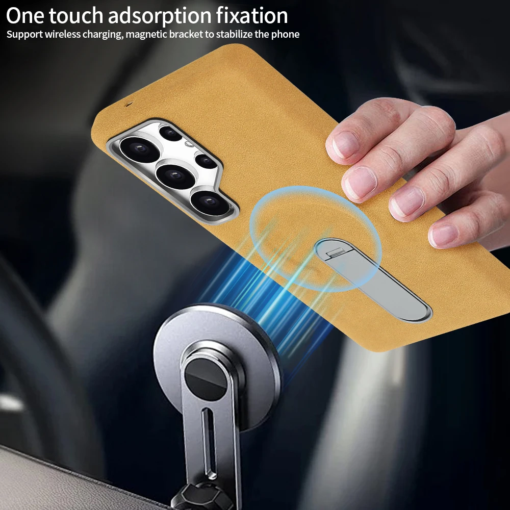 Wear-Resistant Suede Faux Leather Phone Case with 360° Rotatable Stand for Galaxy S25 Ultra/S24 U - Wireless Charging Compatible - view 4
