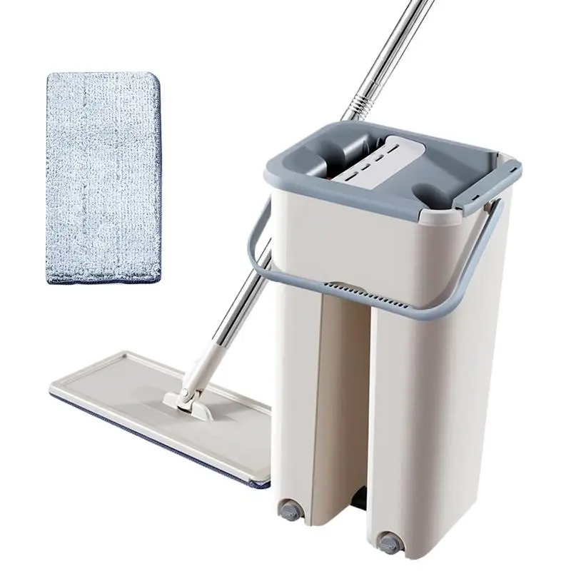 Flat Squeeze Mop with Bucket Hand Free Floor Cleaning Mop Microfiber Mop Pads Wet or Dry Usage on Hardwood Laminate Home