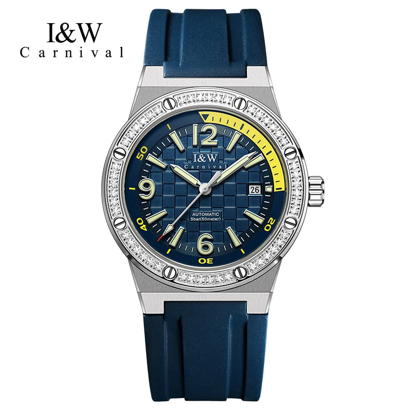 Carnival Brand High-End Sports Rubber Strap 50M Waterproof Mechanical Watch Men Luxury Imported Movement Automatic Watches Mens