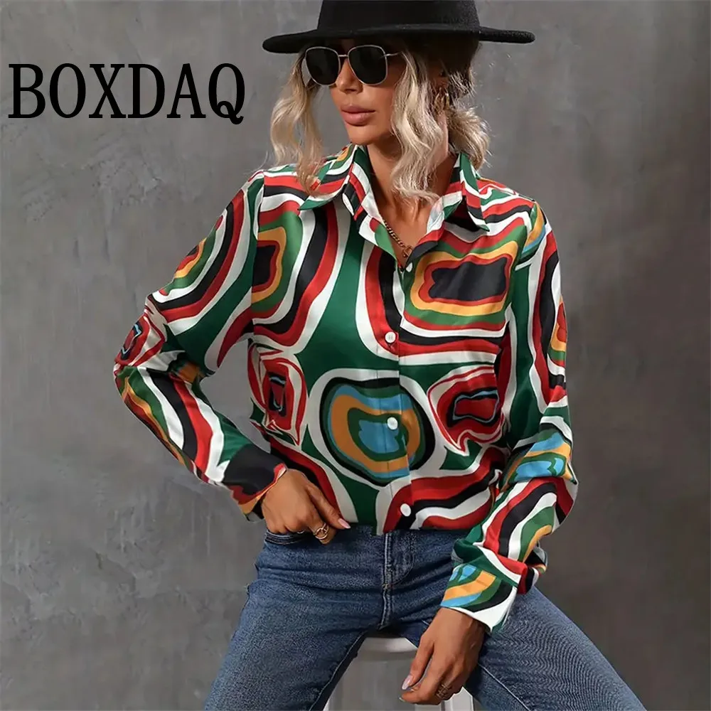 

Summer Shirts Fashion Colorful Printed Ladies Plus-Size Lapel Button-Down Shirt Elegant Women Blouses Casual Long Sleeve Tops