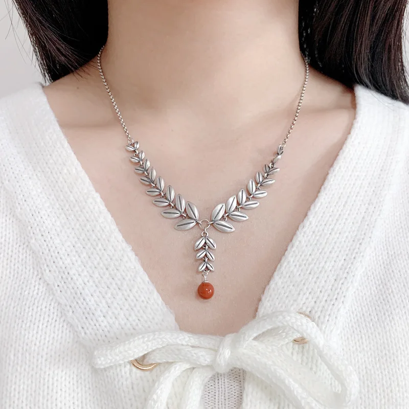 Vintage 925 Sterling Silver Barley Necklace for Women Retro Chinese Style Ear of Wheat Pendent Chain Jewelry Birthday Gift XL064