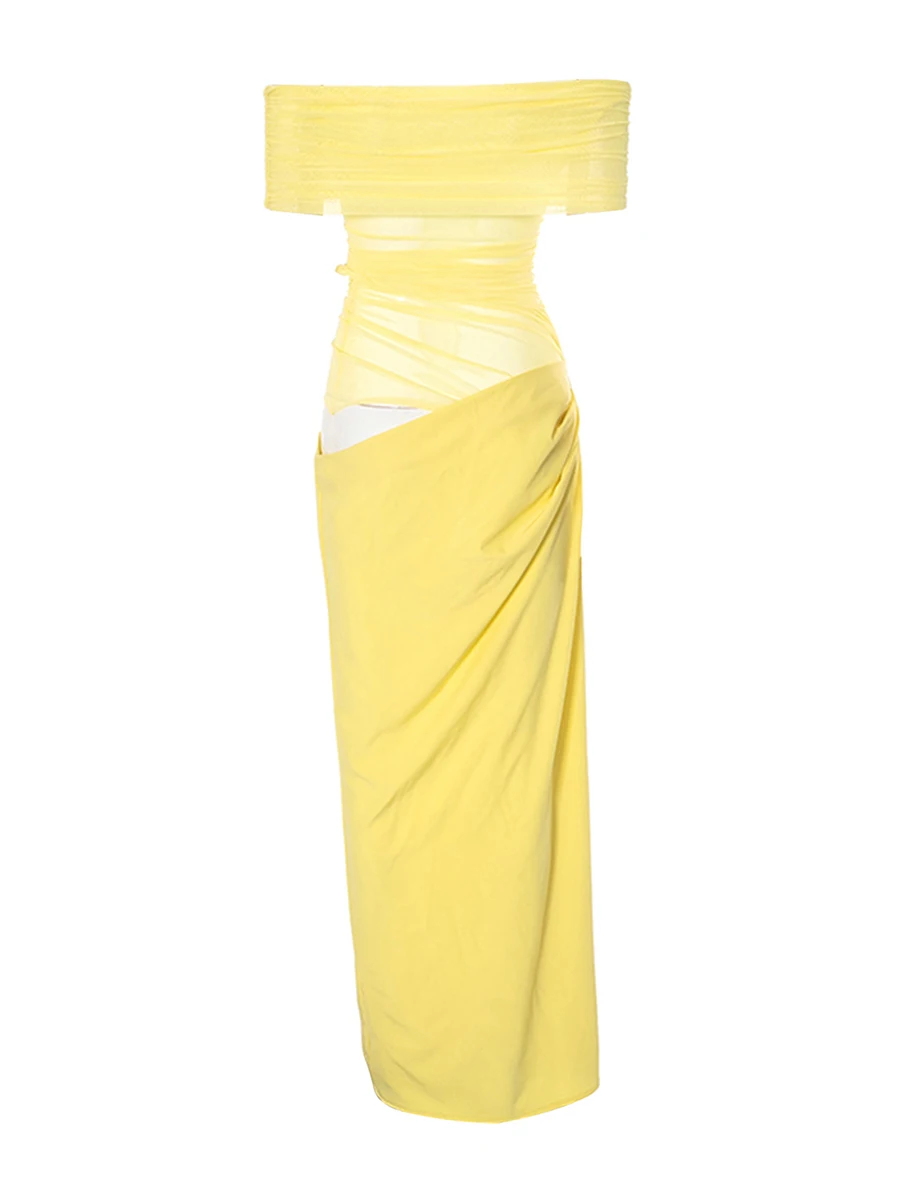 Mulheres sexy recorte ruched vestido longo cor sólida barco pescoço fora do ombro bodycon vestido verão moda praia vestidos de festa