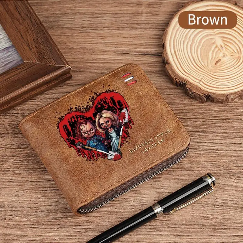 Child's Play Chucky Men's Vintage Short Wallet Zipper Coin Purse Casual Buckle Waist Chain Money Bag For Students Gift