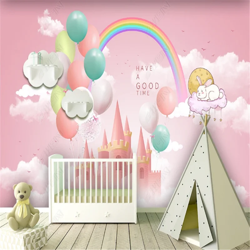 Cartoon Castle Rainbow Balloon Wallpaper for Kids Room Children's Room Background Mural Wall Paper Home Decor Papel De Parede