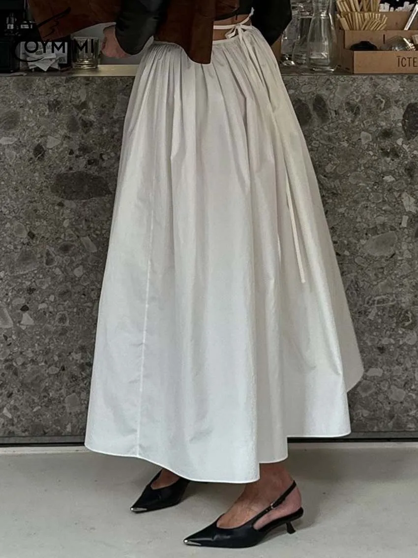 Oymimi moda branco algodão saia feminina elegante solto rendas saias plissadas casual novo sólido meados de bezerro saias roupas femininas