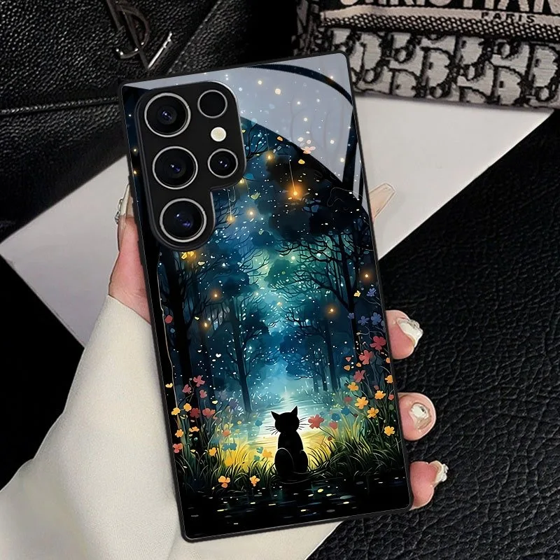 Forest Black Cat Pattern Tempered Glass Phone Case For Samsung Galaxy S23 S24 S25 S26 Ultra Plus FE Shockproof Cover