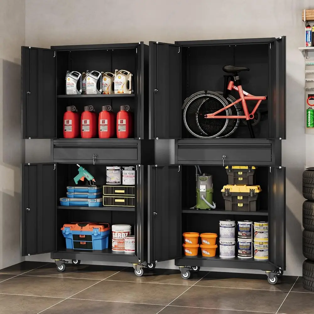 

Metal Garage Storage Cabinet with Locking Doand Der,71" Tool Cabinet with Adjustable Shelves & Wheels, 71" Steel Cabinet or Gara