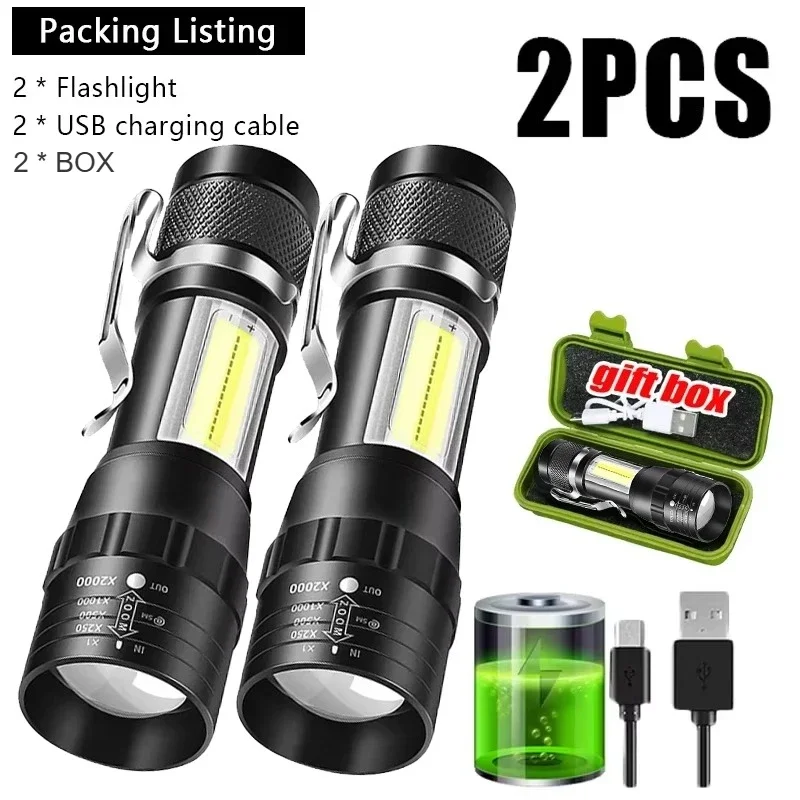 USB Rechargeable Mini Flashlights 3 Mode Lantern COB+XPE Portable Built-in Battery Zoomable Small Torch Camping Emergency Lamp