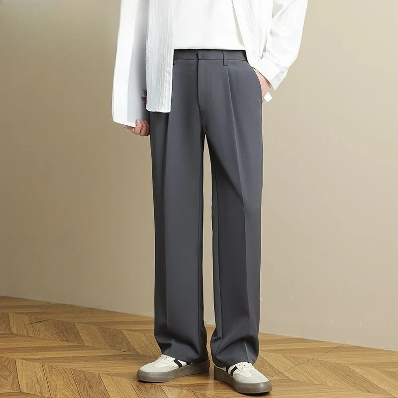 Men Black Straight Leg Dress Pants Loose Drape Wide Leg Wrinkle Free Casual Trousers Versatile Trendy Long Pants