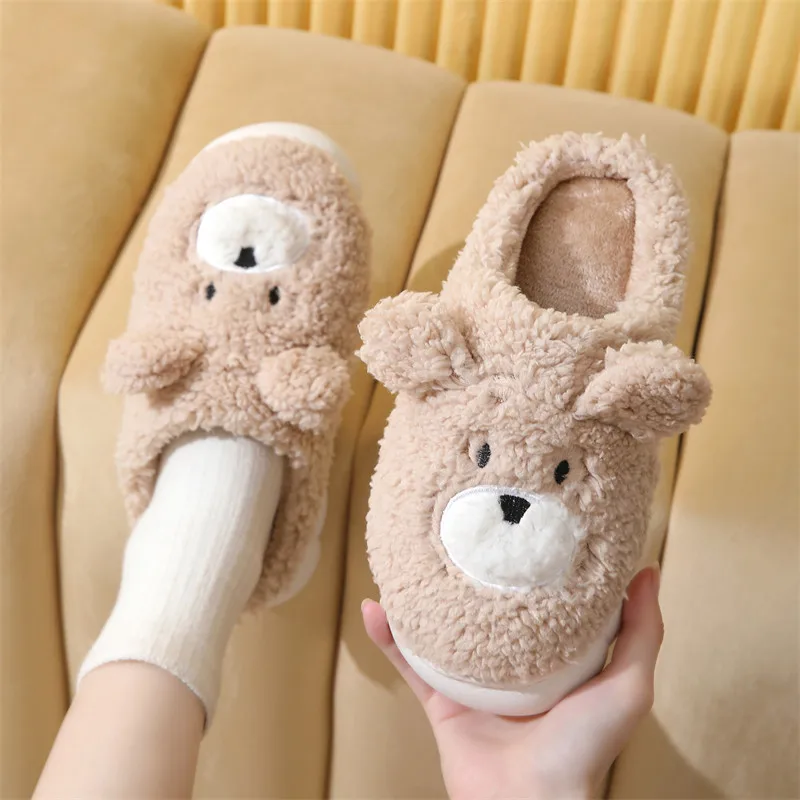 

Cute Cartoon Bear Winter Slippers - Plush Fleece-Lined House Shoes for Women, Thick Sole Warm Indoor Slides with Non-Slip Bottom