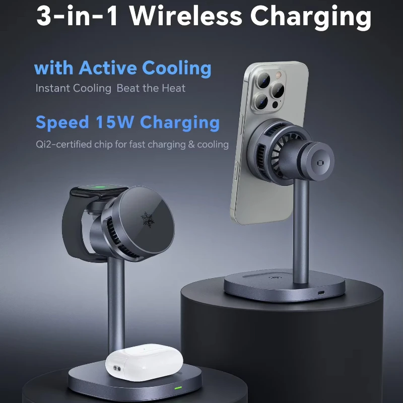 Cooling Wireless Charger with 3-in-1 Fast 15W Qi2 Wireless Magnetic Charging Stand for Desktop Office, Business Trip Scene