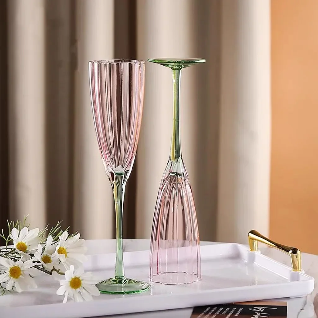 Retro Crystal Glass Champagne Cup Gradient Flower High Foot Wine Glass Petal Bubble  Cup Nordic Style Handmade Beverageware