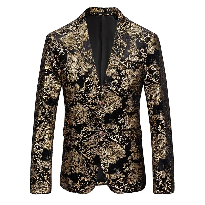 Stylish Blue- Gold/silver British Velvet Hot Stamping Blazers for Men  , American Casual Wedding Banquet Slim Jacket, Eur Size