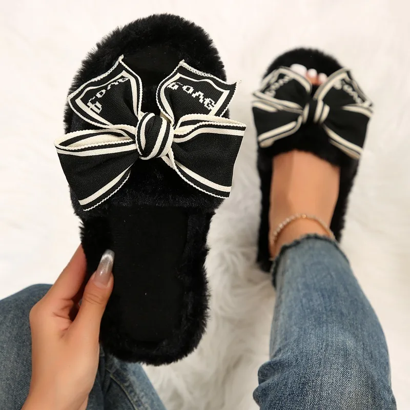 Winter New Elegant Bow Design Open Toe Casual Women's Cotton Slippers 2026 Fashion Simple Round Toe Lightweight Women Shoes