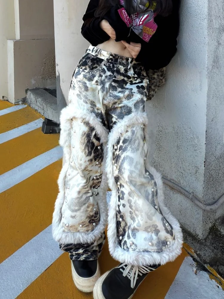 

American High Street Design Leopard Print Digital Printing Jeans Women Sexy Sheepskin Splicing Match Long Pants Floor-Length