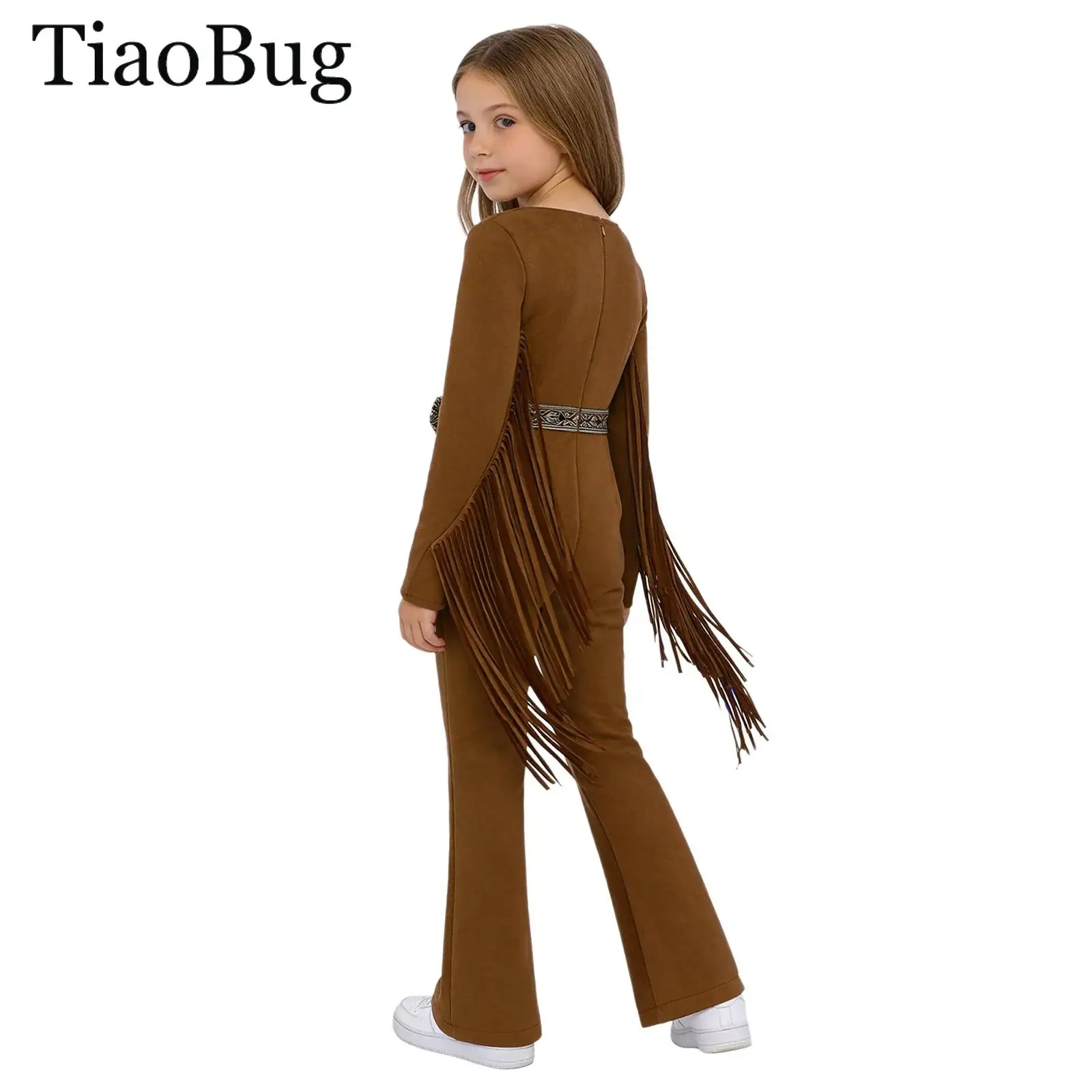 

Girls Native Caveman Savage Outfit Indian Indigenous Costume Fringed Long Sleeve Cowgirl Jumpsuit