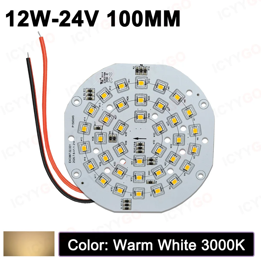 12W DC24V LED Round Light Board, Warm White 3000K, DIY Constant Voltage DC 24V PCB Light Source Board, 100mm