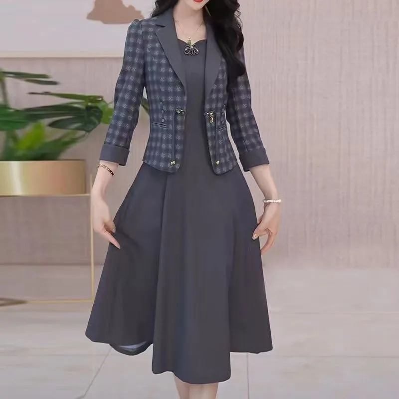 Middle Aged Women Fashion Sets Spring Autumn High End Blazer Jacket + Sleeveless Dresses 2 Piece Suit Mother's Dress Outfit