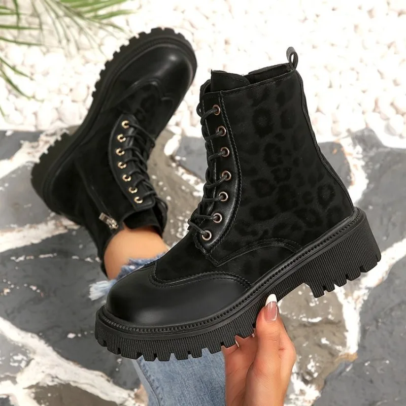 Womens Ankle Boots Round Toe Flat Low Heel Leather Look Finish Lace Up Front Side Zipper Closure Textured Lug Outsole Footwear